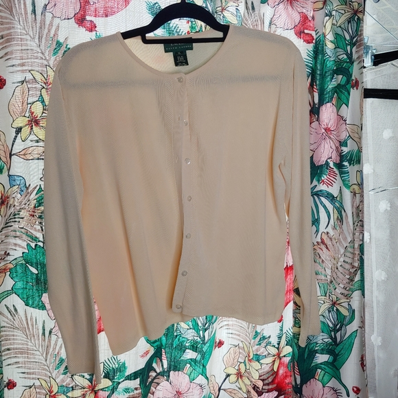 Ralph Lauren | Vintage Silk Cream Beige Woven Knit Cardigan Button Down XL - Picture 3 of 11